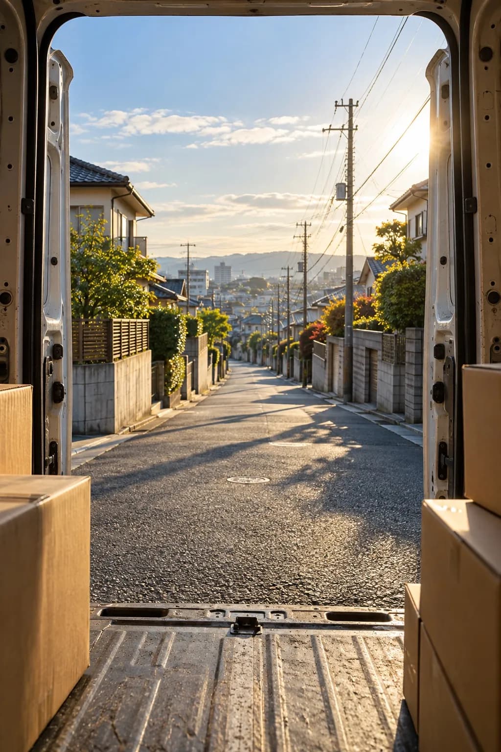 軽貨物車の荷室から見る朝の街
